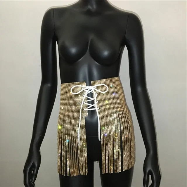 Rhinestone Lace Up High Waist Mini Skirt