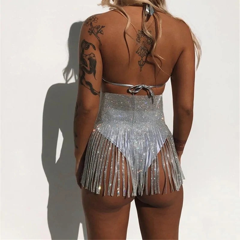 Rhinestone Lace Up High Waist Mini Skirt