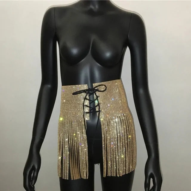 Rhinestone Lace Up High Waist Mini Skirt