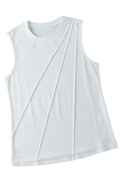 White Solid Color Crew Neck Pleated Tank Top