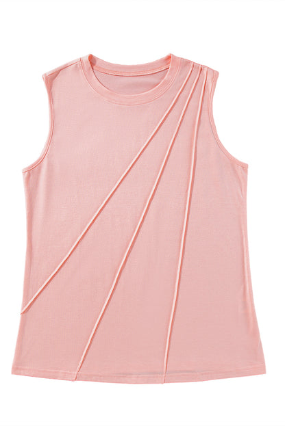 White Solid Color Crew Neck Pleated Tank Top