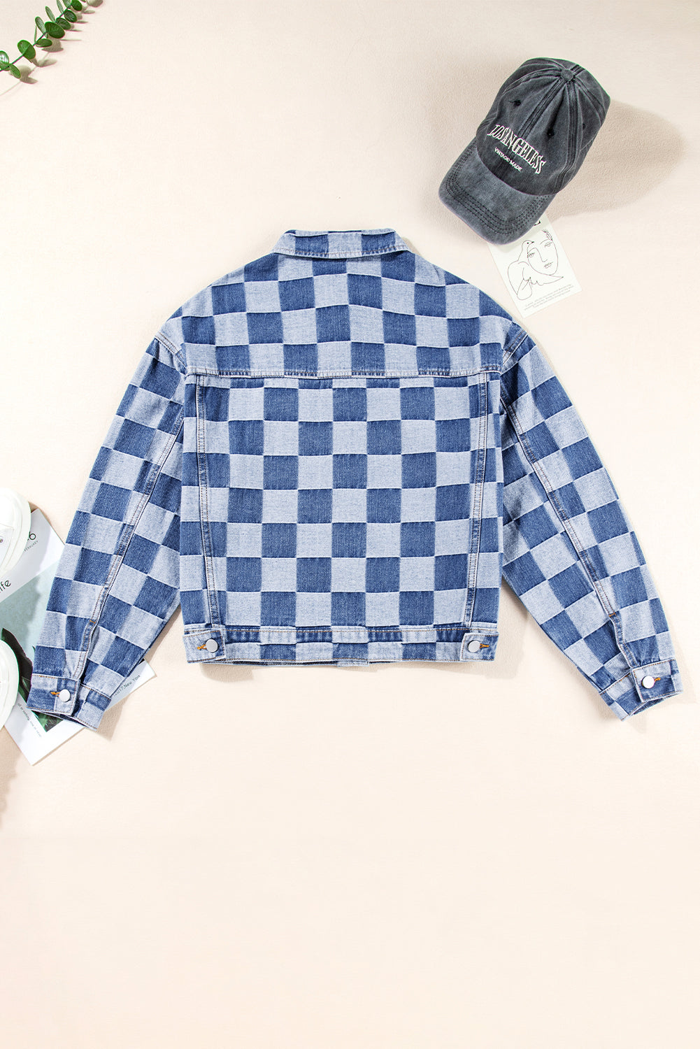 Light Blue Checkered Patchwork Button Up Denim Jacket