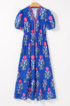 Sky Blue Floral Ruffle Hem Midi Dress