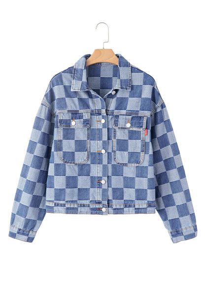 Light Blue Checkered Patchwork Button Up Denim Jacket