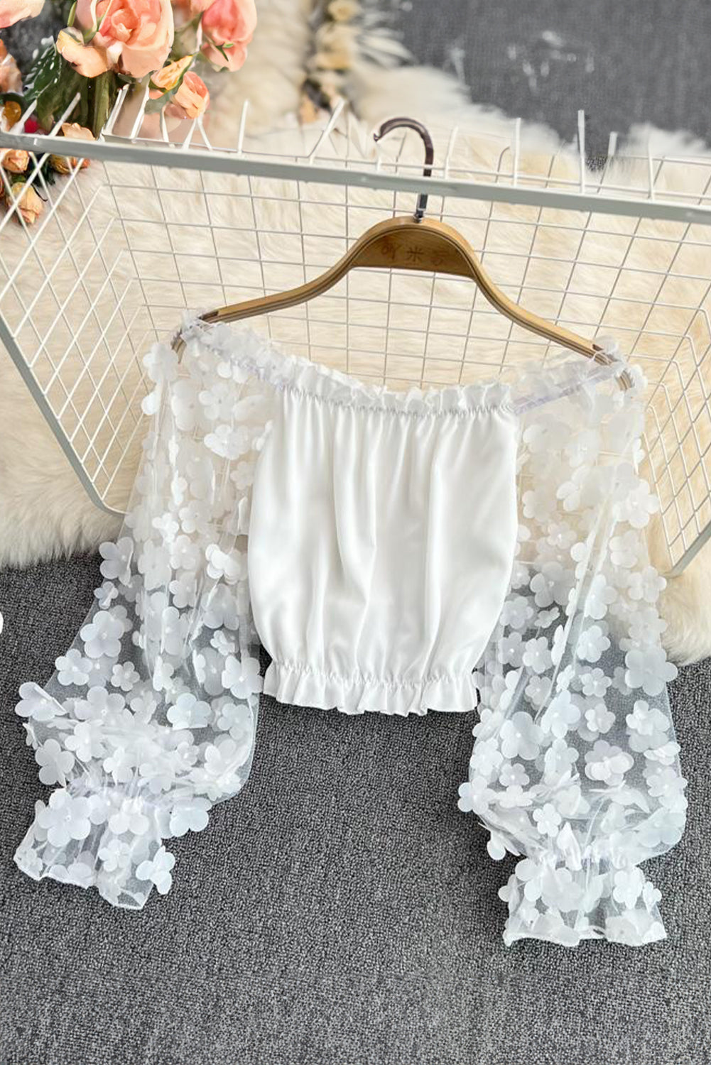 White Flower Mesh Sleeve Off-Shoulder Cropped Blouse