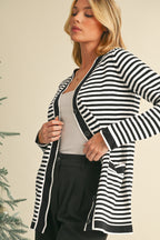 Black Striped Pocketed Button Long Cardigan