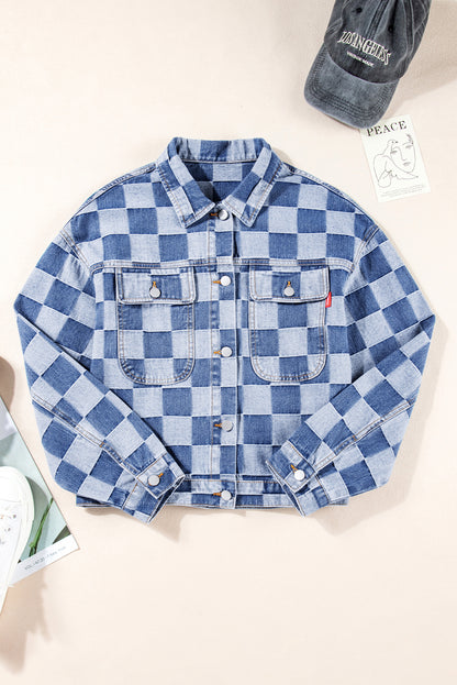 Light Blue Checkered Patchwork Button Up Denim Jacket