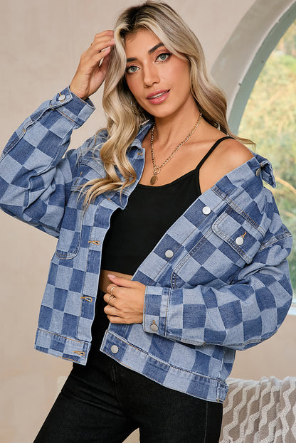 Light Blue Checkered Patchwork Button Up Denim Jacket