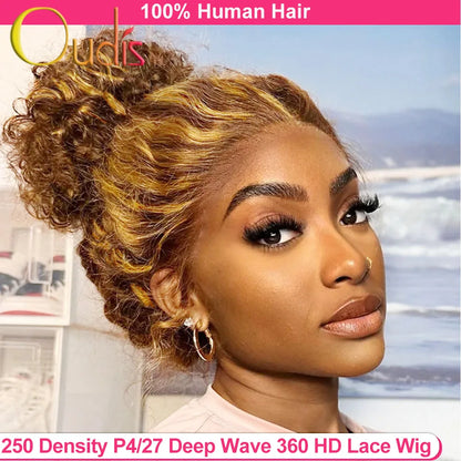 250 Density Invisible Strap Highlight 360 Full Lace Front Wig Pre Plucked 30 Inch Glueless Wig Deep Wave Frontal Wig Human Hair