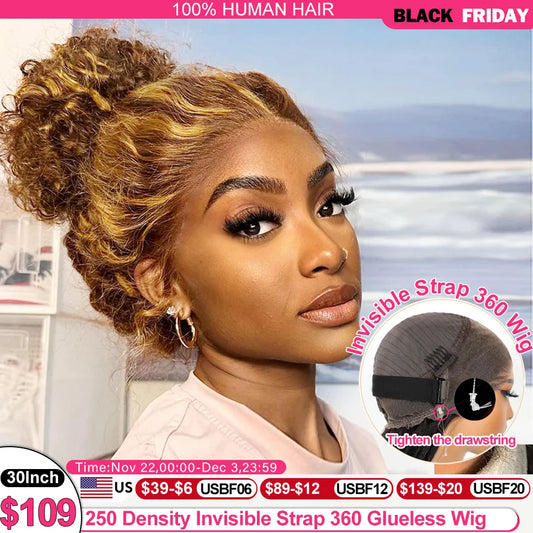 250 Density Invisible Strap Highlight 360 Full Lace Front Wig Pre Plucked 30 Inch Glueless Wig Deep Wave Frontal Wig Human Hair