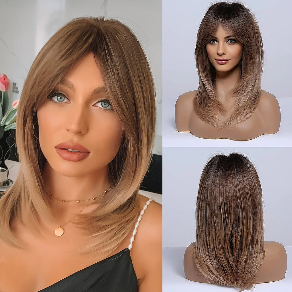 Element Synthetic Fiber Wigs for Women Long Straight Wavy Brown Blonde Wig with Bangs Heat Resistant Fashion Natural Daily Party