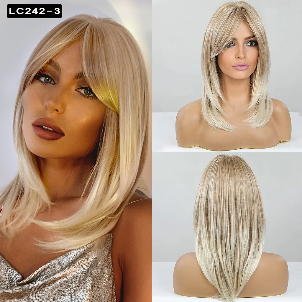 Element Synthetic Fiber Wigs for Women Long Straight Wavy Brown Blonde Wig with Bangs Heat Resistant Fashion Natural Daily Party