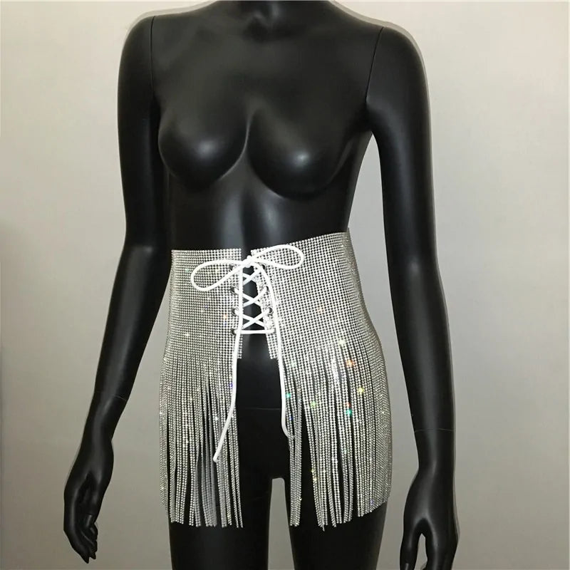 Rhinestone Lace Up High Waist Mini Skirt