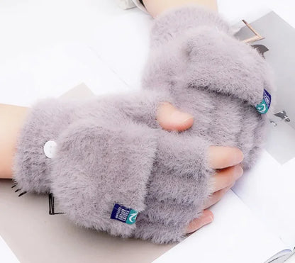 Plush Gloves Female Winter Warm Student Exposed Finger Flip Gloves Household