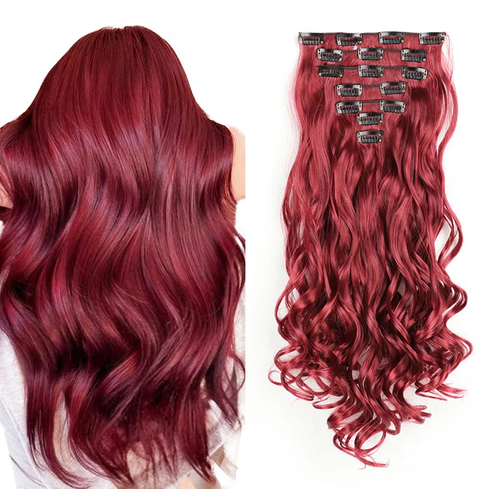 Clip In Hair Extensions 7 PCS Full Head 22 Inch Long Curly Wavy Synthetic Hair Pieces Natural Wavy For Women Girls Hair