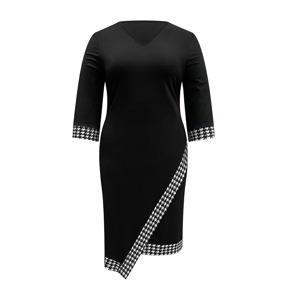 Plus Size Women's Elegant Dress Thousand Birds Grid V-Neck Half-Sleeve Slim-fit Version Fashion Black Women's Clothing