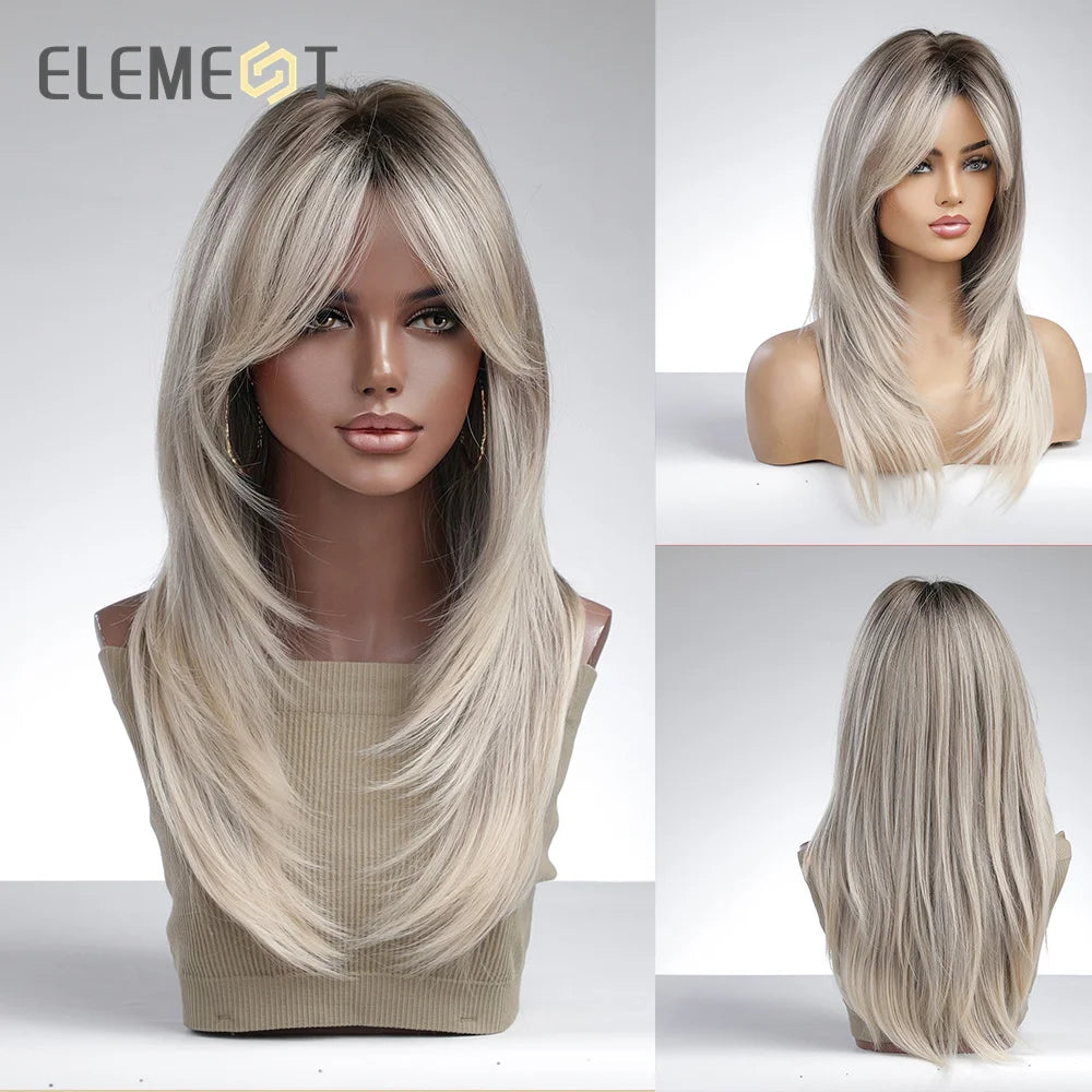Element Synthetic Fiber Wigs for Women Long Straight Wavy Brown Blonde Wig with Bangs Heat Resistant Fashion Natural Daily Party