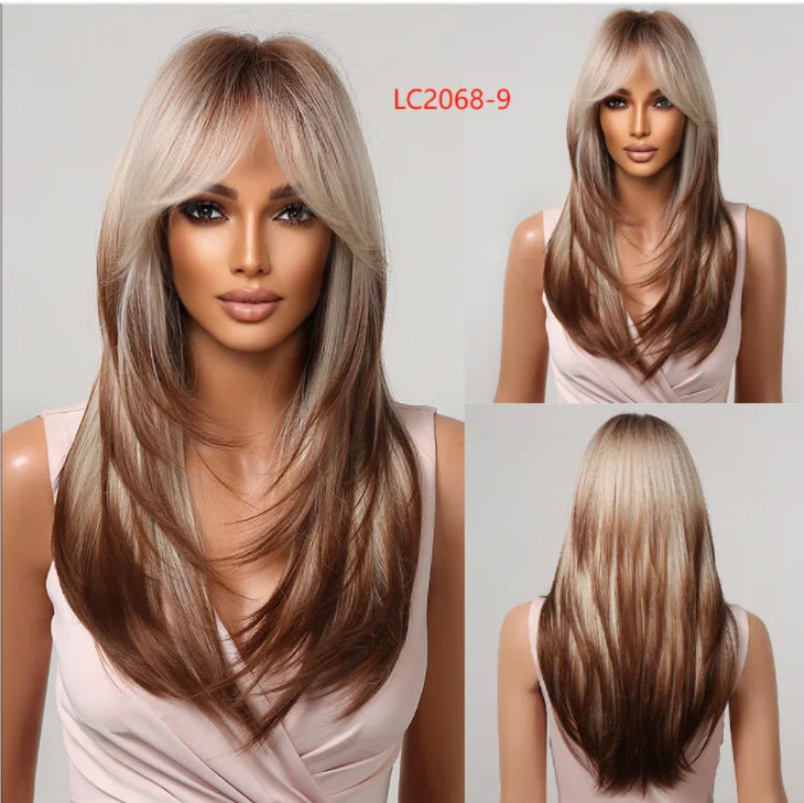 Element Synthetic Fiber Wigs for Women Long Straight Wavy Brown Blonde Wig with Bangs Heat Resistant Fashion Natural Daily Party