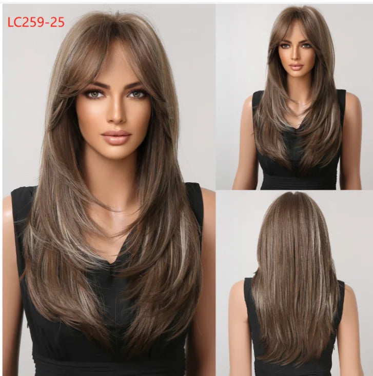 Element Synthetic Fiber Wigs for Women Long Straight Wavy Brown Blonde Wig with Bangs Heat Resistant Fashion Natural Daily Party