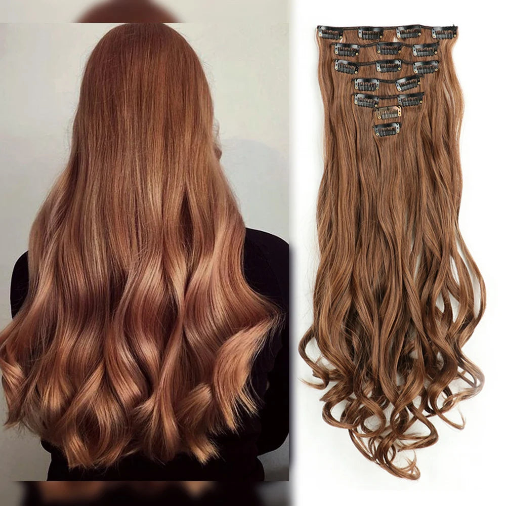 Clip In Hair Extensions 7 PCS Full Head 22 Inch Long Curly Wavy Synthetic Hair Pieces Natural Wavy For Women Girls Hair