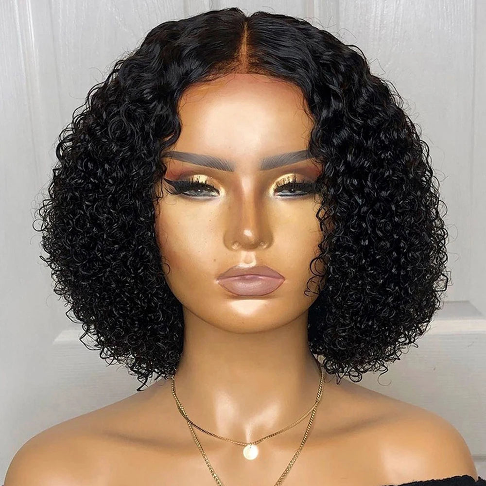 Short Afro Curly Bob Synthesis Hair Wigs With Bangs For Women Brazilian Remy Hair Wear and Go Natural Brown Kinky Curly Wigs