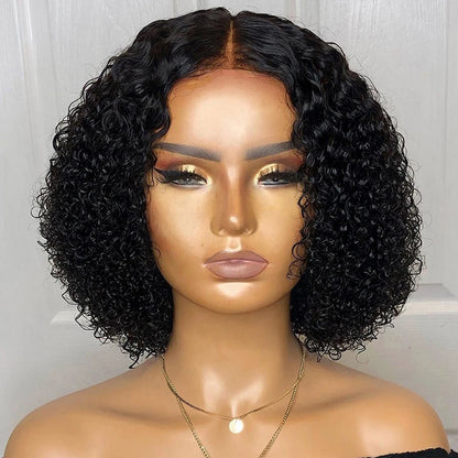 Short Afro Curly Bob Synthesis Hair Wigs With Bangs For Women Brazilian Remy Hair Wear and Go Natural Brown Kinky Curly Wigs