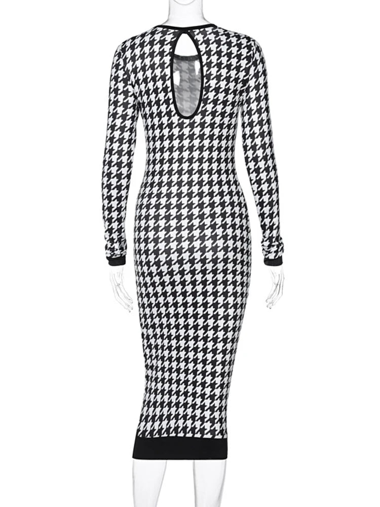 Houndstooth Print Women Long Sleeve Midi Dress Hollow Out Bodycon Sexy Streetwear 2023 Autumn Winter Club Elegant Slim