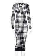 Houndstooth Print Women Long Sleeve Midi Dress Hollow Out Bodycon Sexy Streetwear 2023 Autumn Winter Club Elegant Slim