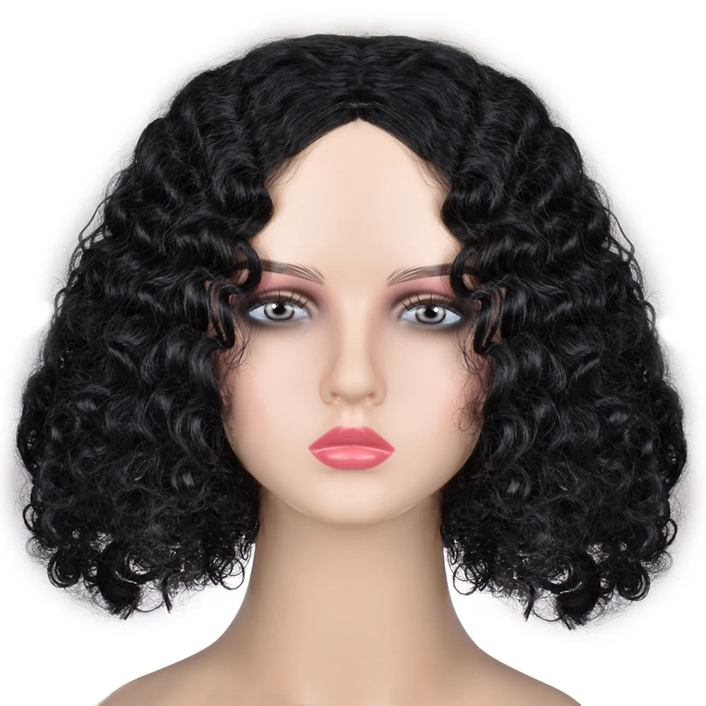 Short Afro Curly Bob Synthesis Hair Wigs With Bangs For Women Brazilian Remy Hair Wear and Go Natural Brown Kinky Curly Wigs