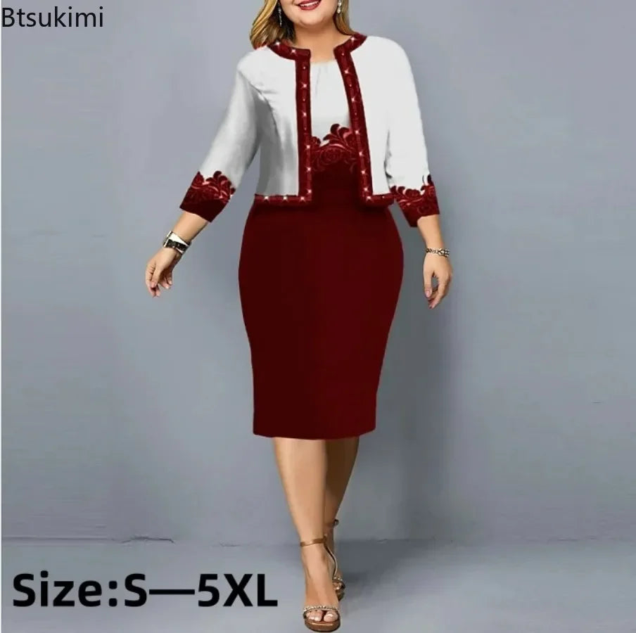 2024 Women's Elegant Digital Print 2 Piece Dress Set O-Neck Slim Fit Pencil Dress+O-Neck 3/4 Sleeve Short Coat Female Dress Sets