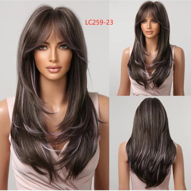 Element Synthetic Fiber Wigs for Women Long Straight Wavy Brown Blonde Wig with Bangs Heat Resistant Fashion Natural Daily Party