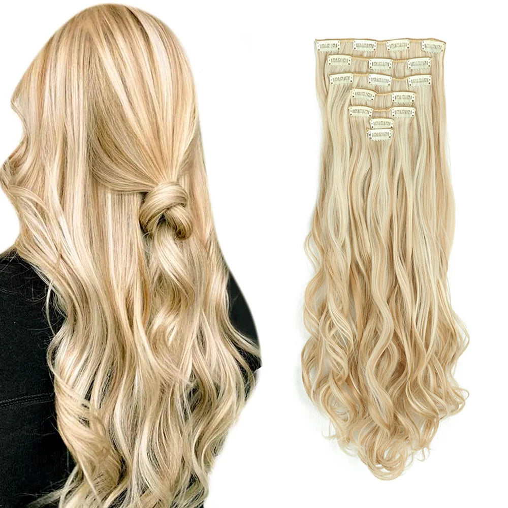 Clip In Hair Extensions 7 PCS Full Head 22 Inch Long Curly Wavy Synthetic Hair Pieces Natural Wavy For Women Girls Hair