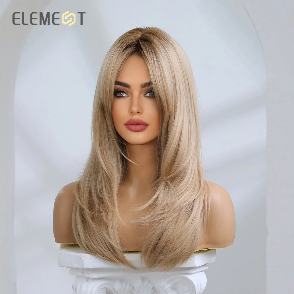 Element Synthetic Fiber Wigs for Women Long Straight Wavy Brown Blonde Wig with Bangs Heat Resistant Fashion Natural Daily Party