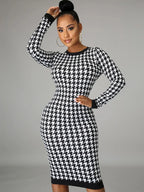 Houndstooth Print Women Long Sleeve Midi Dress Hollow Out Bodycon Sexy Streetwear 2023 Autumn Winter Club Elegant Slim
