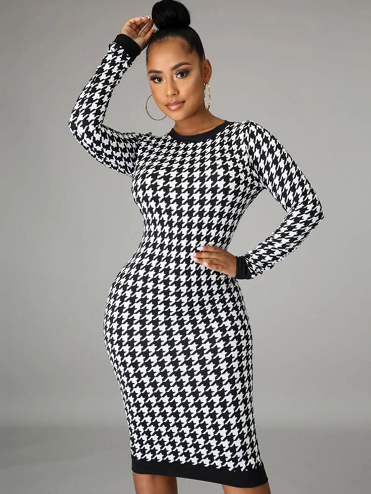 Houndstooth Print Women Long Sleeve Midi Dress Hollow Out Bodycon Sexy Streetwear 2023 Autumn Winter Club Elegant Slim