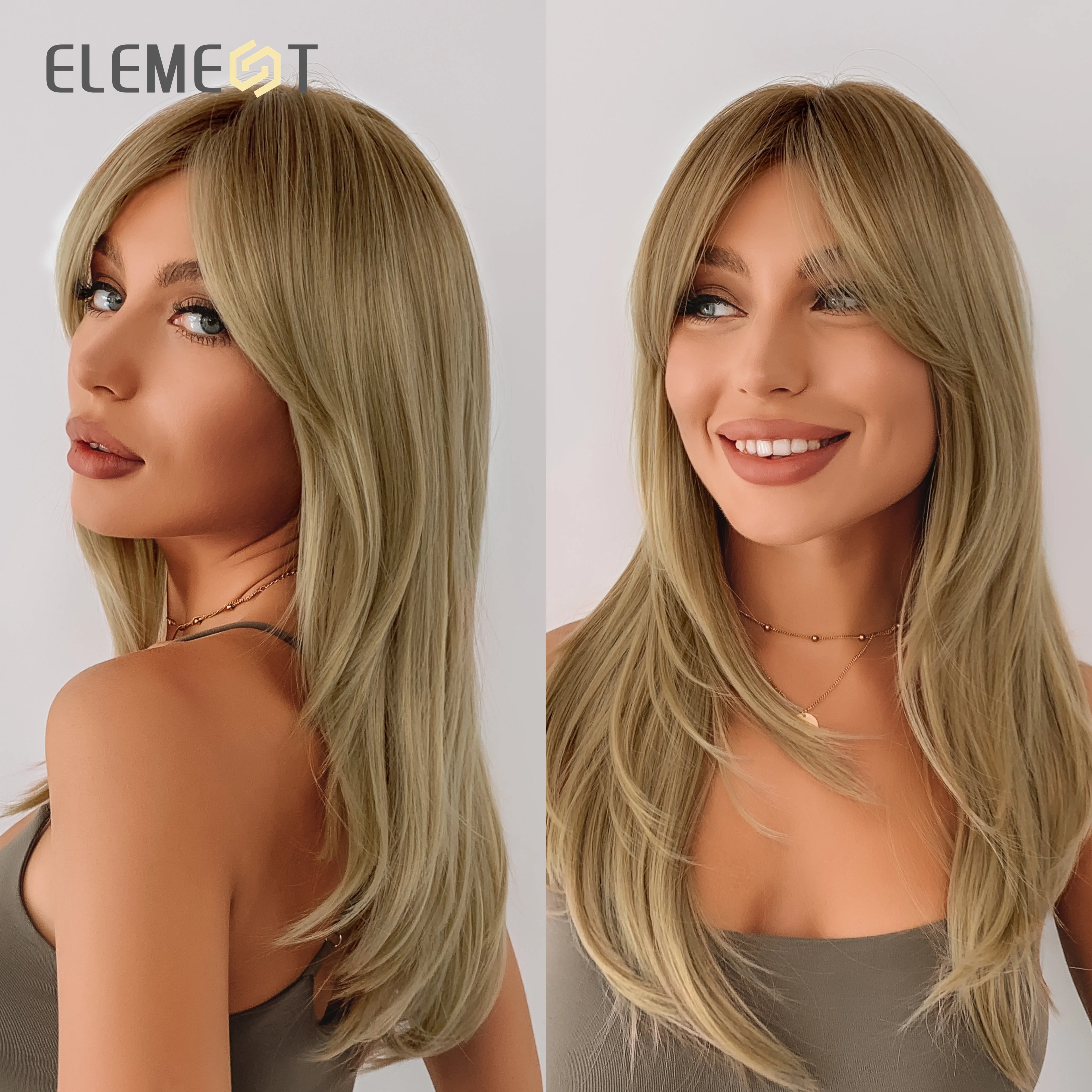 Element Synthetic Fiber Wigs for Women Long Straight Wavy Brown Blonde Wig with Bangs Heat Resistant Fashion Natural Daily Party