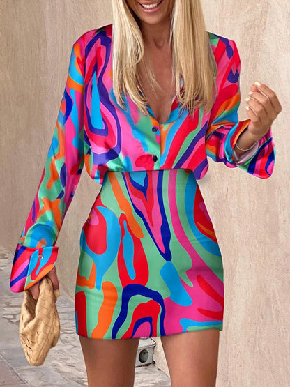 Autumn Printed Women Mini Skirt Sets Long Sleeve Shirts Top & High Waist Midi Skirt Suits Short Dresses Sets For Women 2 Pieces