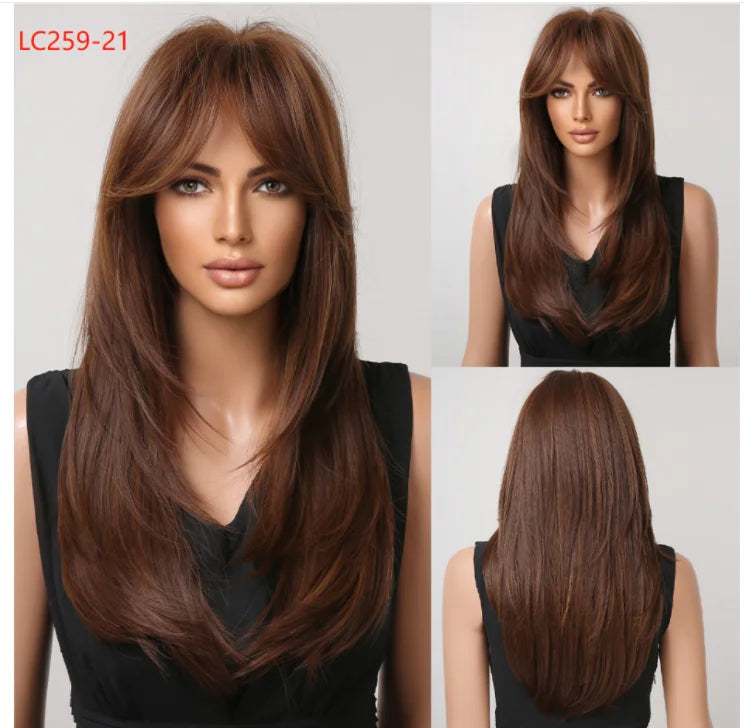 Element Synthetic Fiber Wigs for Women Long Straight Wavy Brown Blonde Wig with Bangs Heat Resistant Fashion Natural Daily Party