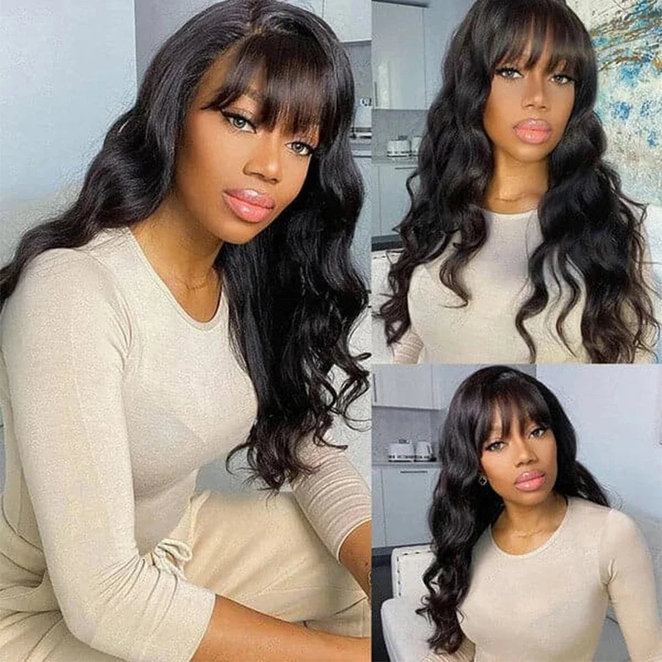 30 inches Body Wave Human Hair Wigs With Bangs Short Bob Wig 180% Density Brazilian Fringe Remy Full Machine Made Wig For Women