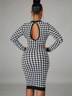 Houndstooth Print Women Long Sleeve Midi Dress Hollow Out Bodycon Sexy Streetwear 2023 Autumn Winter Club Elegant Slim