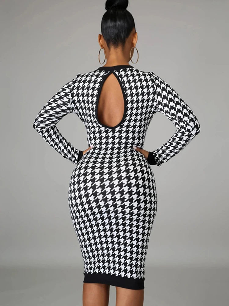 Houndstooth Print Women Long Sleeve Midi Dress Hollow Out Bodycon Sexy Streetwear 2023 Autumn Winter Club Elegant Slim