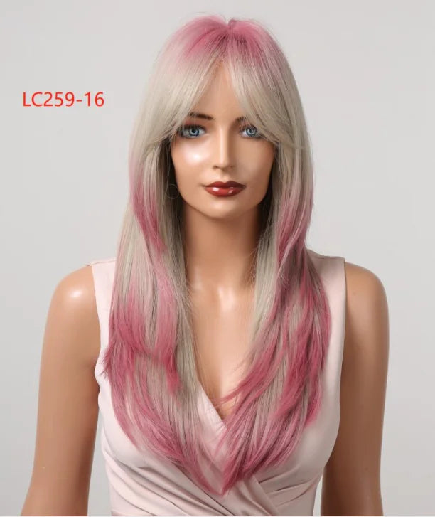 Element Synthetic Fiber Wigs for Women Long Straight Wavy Brown Blonde Wig with Bangs Heat Resistant Fashion Natural Daily Party