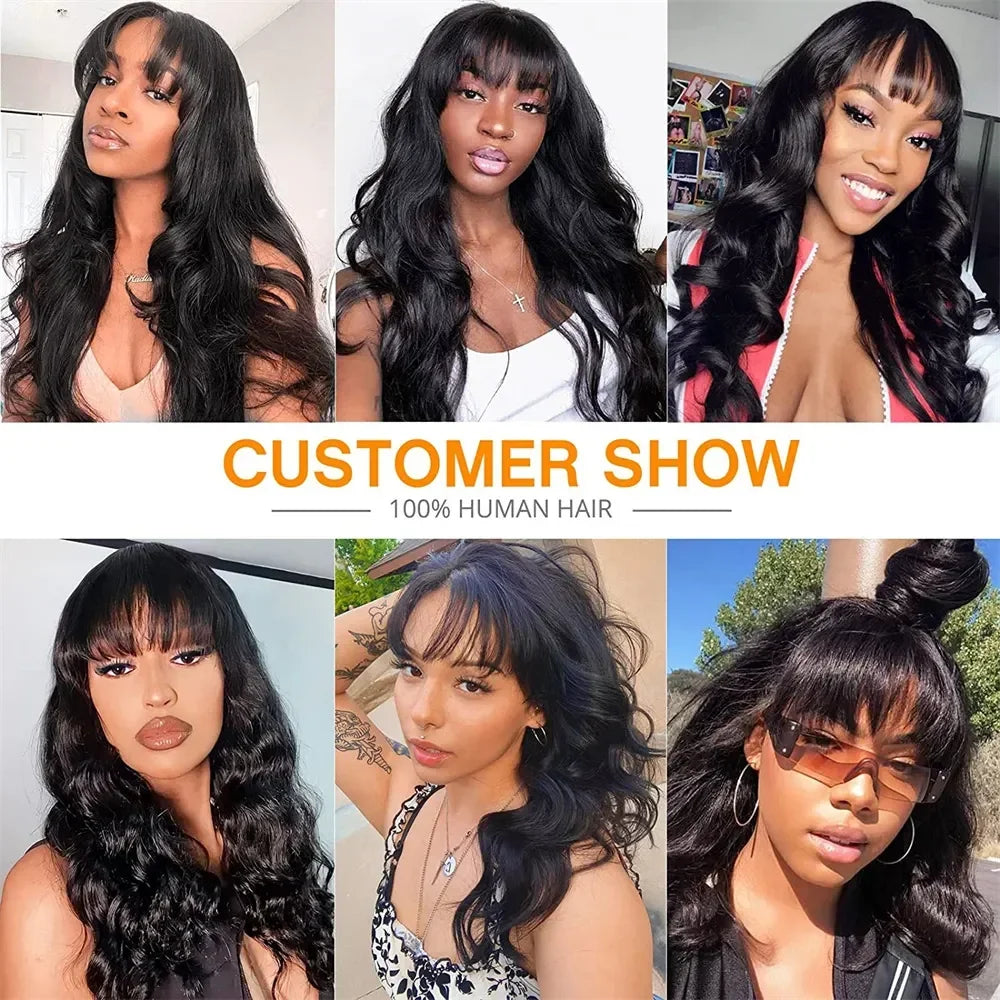 30 inches Body Wave Human Hair Wigs With Bangs Short Bob Wig 180% Density Brazilian Fringe Remy Full Machine Made Wig For Women