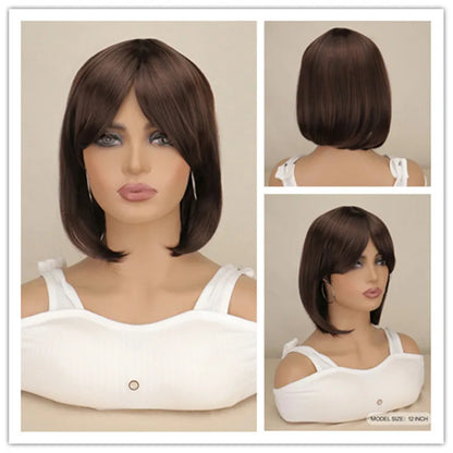 Short Bob Striaight Women Girls Wigs Natrual Black Light Brown Dark Brown Heat Resistant Synthetic Hair Wigs