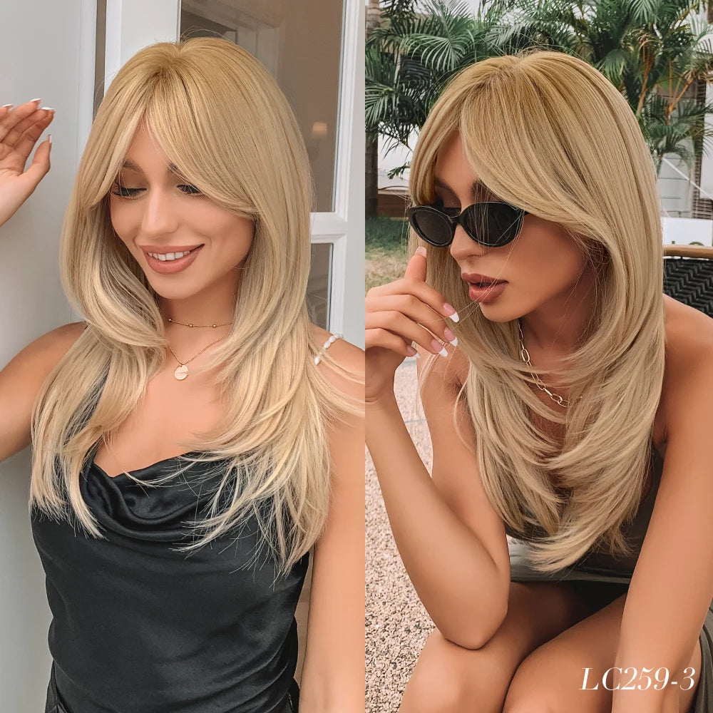 Element Synthetic Fiber Wigs for Women Long Straight Wavy Brown Blonde Wig with Bangs Heat Resistant Fashion Natural Daily Party