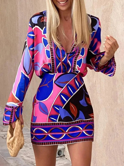 Autumn Printed Women Mini Skirt Sets Long Sleeve Shirts Top & High Waist Midi Skirt Suits Short Dresses Sets For Women 2 Pieces