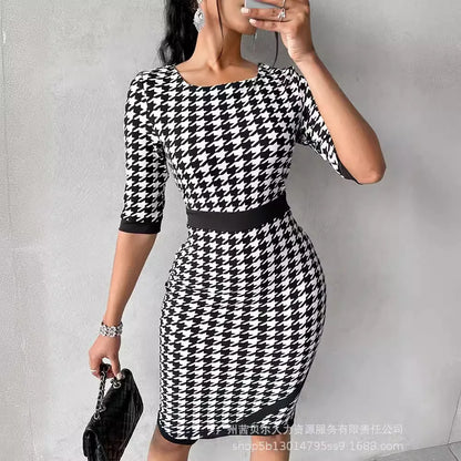 Women's Clothing New Houndstooth Printing Color Contrast Style Dress Midi Knee Length Office Half Sleeve Square Neck Dress