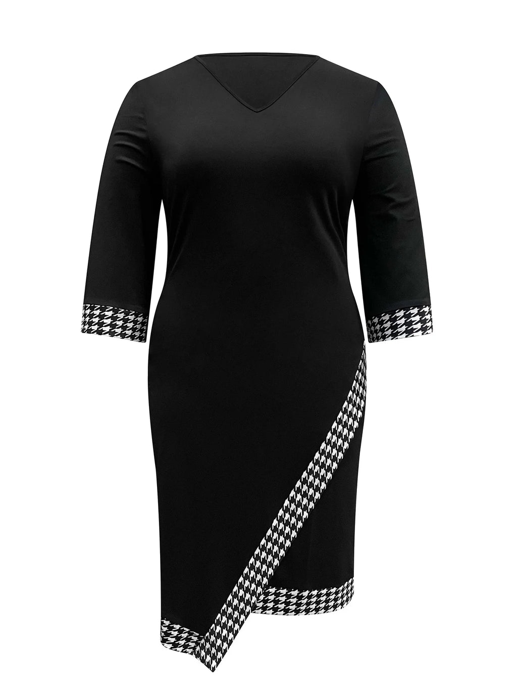 Plus Size Women's Elegant Dress Thousand Birds Grid V-Neck Half-Sleeve Slim-fit Version Fashion Black Women's Clothing