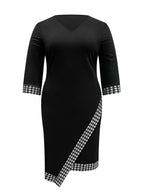Plus Size Women's Elegant Dress Thousand Birds Grid V-Neck Half-Sleeve Slim-fit Version Fashion Black Women's Clothing