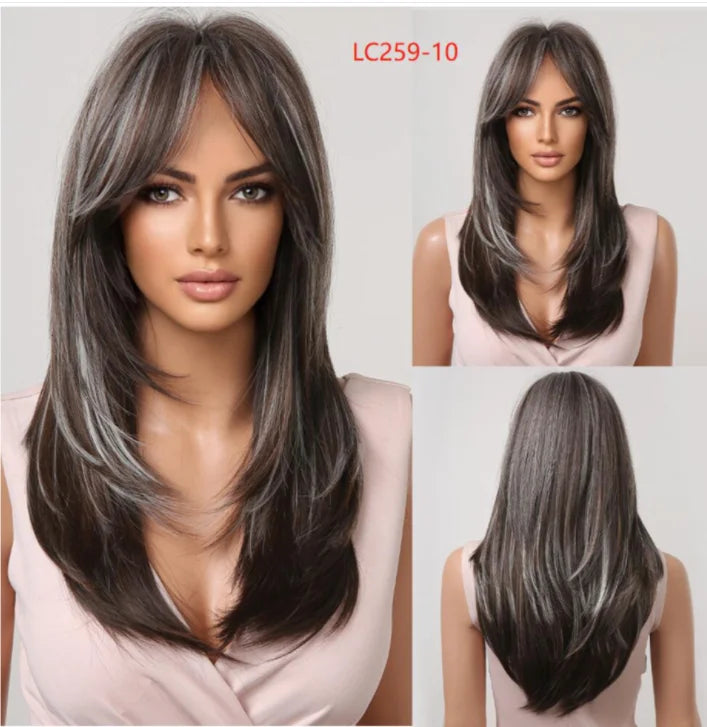 Element Synthetic Fiber Wigs for Women Long Straight Wavy Brown Blonde Wig with Bangs Heat Resistant Fashion Natural Daily Party